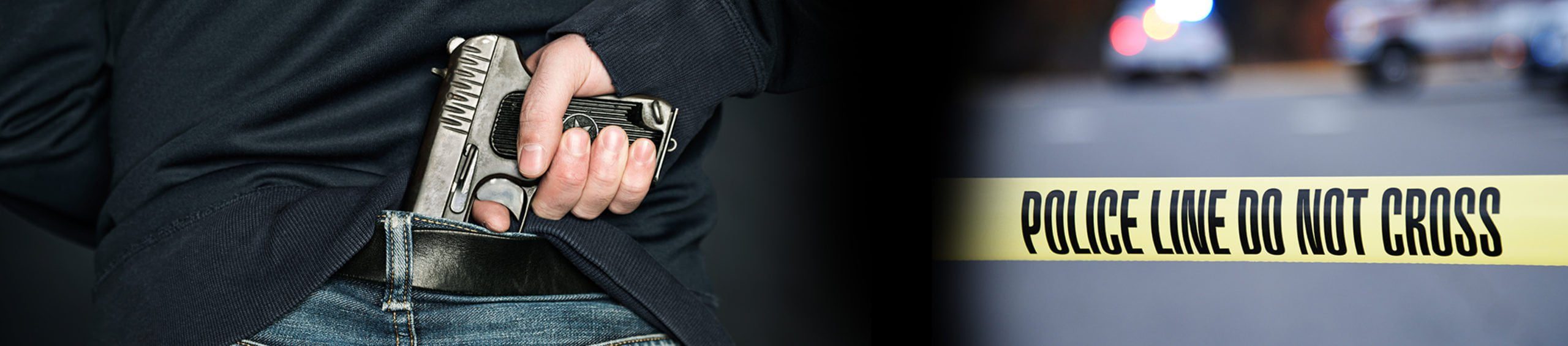 a man holds a gun behind his back near a police line tape to illustrate violent crime defense in san diego